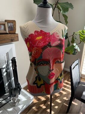 Cream Knit Sleeveless Sweater with Vibrant Floral Face Print